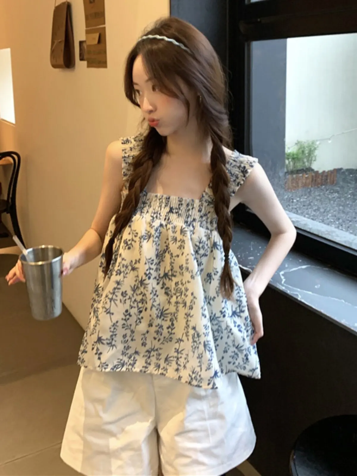 

Sweet Floral Print Strapless Thin Spring Edition Korean Style Chiffon Blouse Women's Early Spring Sleeveless Outerwear Top