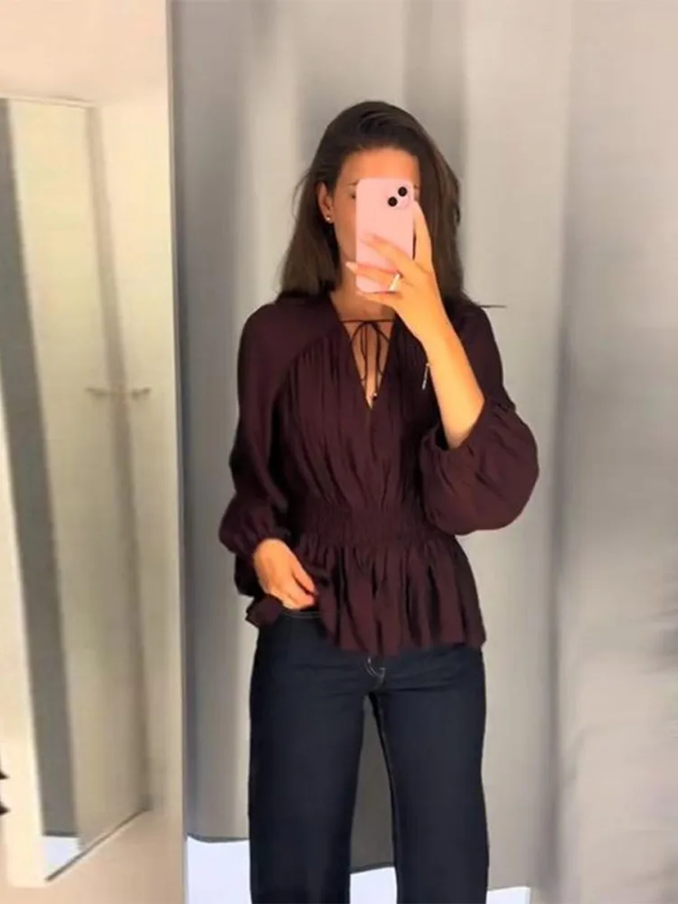 

Осень 2023, женская повседневная модная простая блузка, рубашка, универсальная плиссированная рубашка с v-образным вырезом и шнурком, рубашка с длинными рукавами, топы