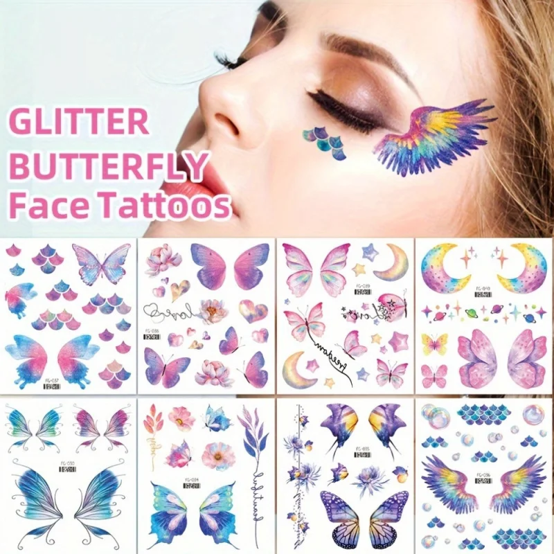 12 Sheets Glitter Butterfly Temporary Tattoo Stickers, Fantasy Angel Wings, Floral Face Makeup Decals, Waterproof Eye Arm Chest