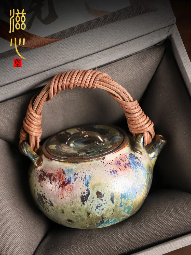 High-End Zhi Wild Burning Spring Series Loop-Handled Teapot Japanese Style Firewood Stoneware Handmade Set Miji