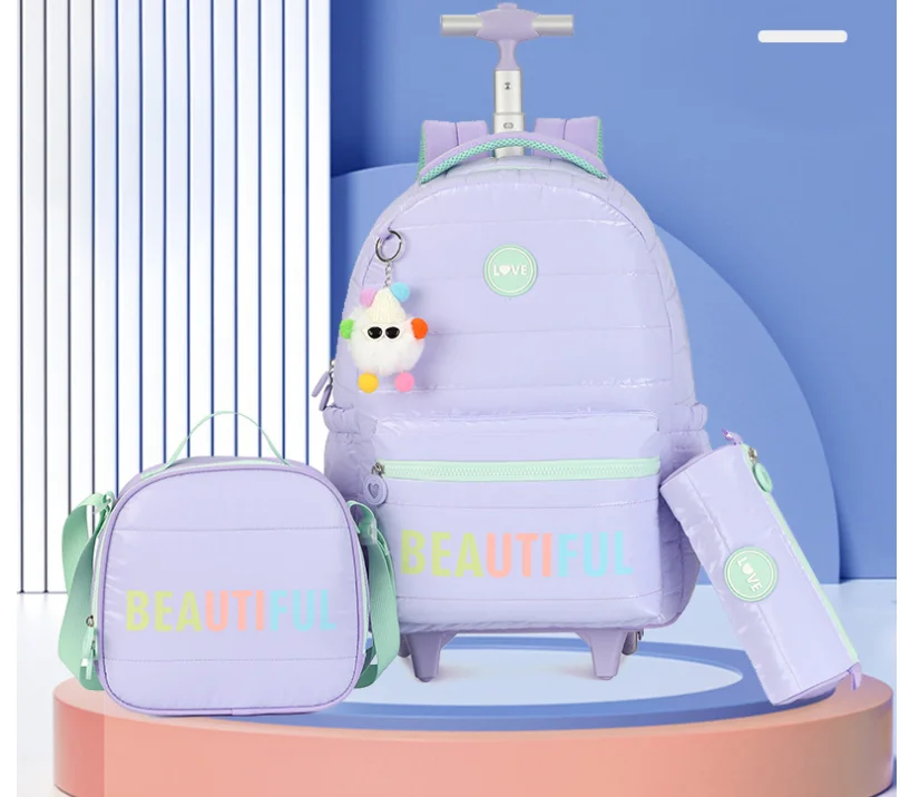 Rolling Backpack with Wheels for Girls Kids Rolling Backpack with Lunch Bag Pencil Case Set Kids Travel Luggage Rolling Bags