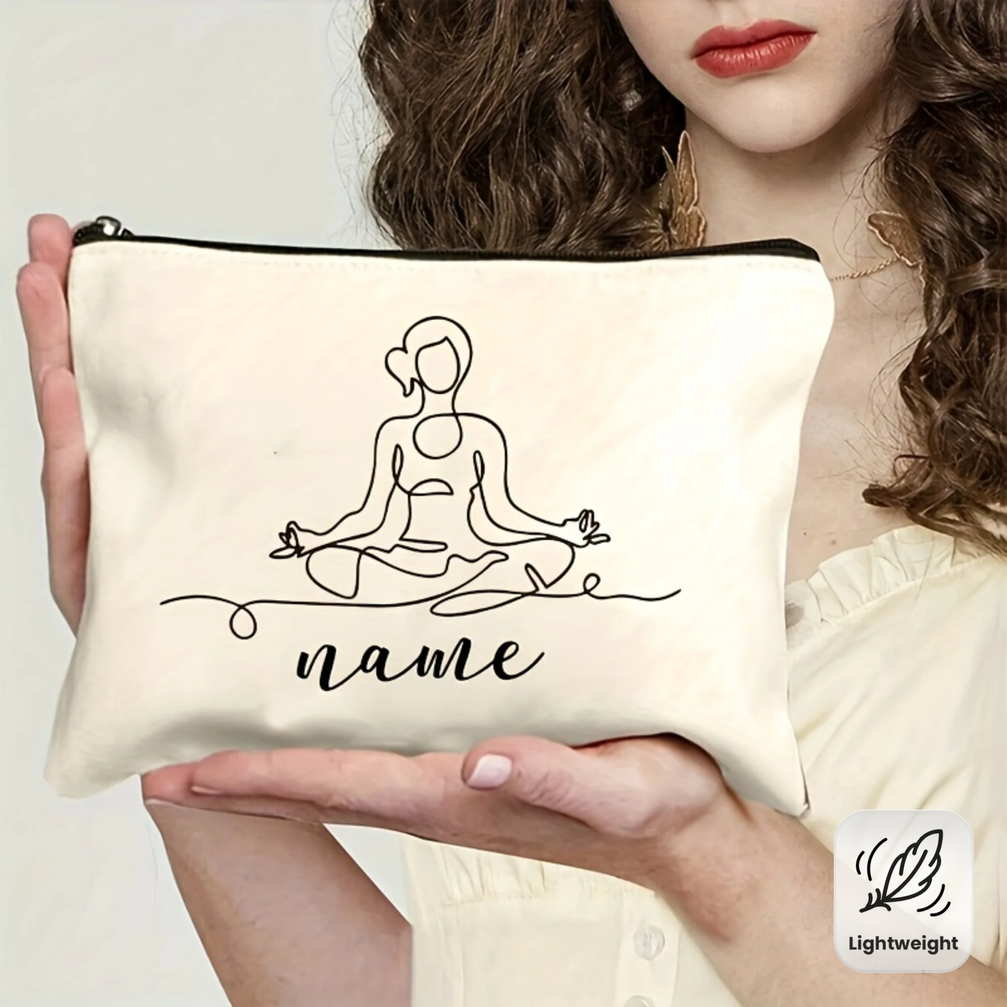 Custom Yoga Themed Makeup Travel Organizer Pouch with Name Text Lightweight Zippered Yoga Pose Suitable for Yoga Teachers