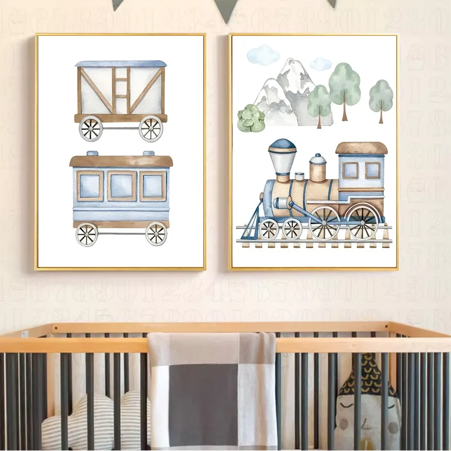 Frameless Canvas Print Vintage Train Watercolor Nursery Wall Art Kids Room Decor Steam Locomotive Blue Beige