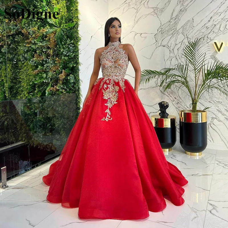 

SoDigne Dubai High Neck Formal Evening Gowns A line Lace Appliques Arbic Prom Dresses Organza Evening Party Dress