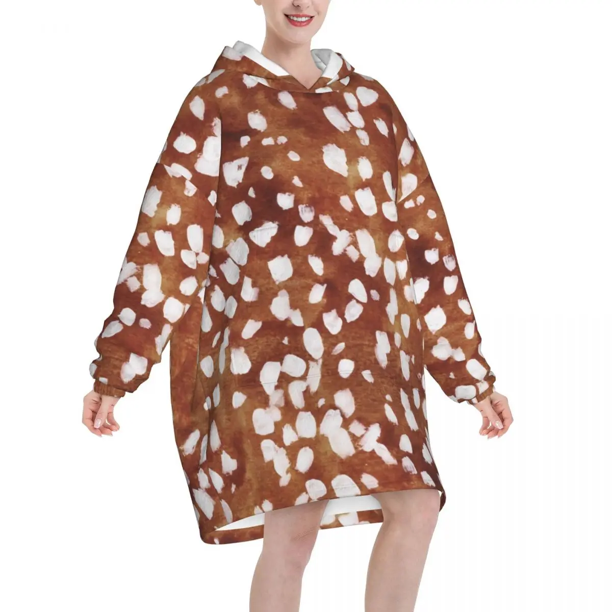 Brown Base Light Antelope Spot Oversized Blanket Hoodie Sweatshirt Long Fleece Hooded Wearable Blanket with Large Pocket
