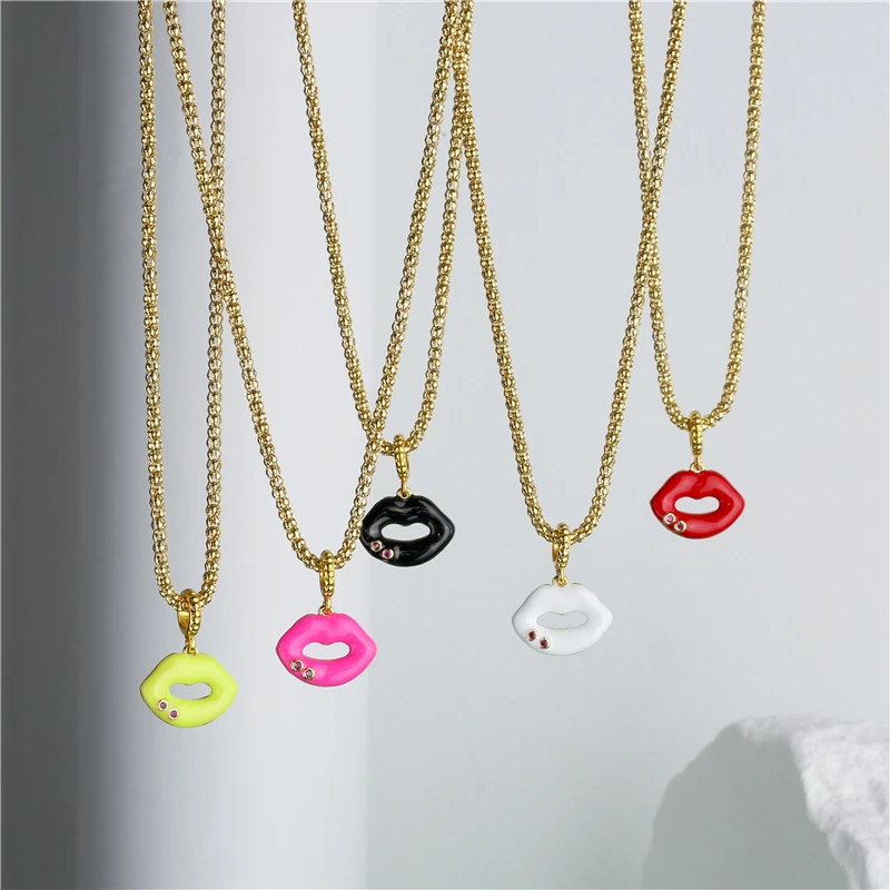Trendy Hot-Sexy Red Lips Necklace Ladies Enamel Jewelry Necklace Sexy Style Gold Color Chain Necklacs For Party Gifts