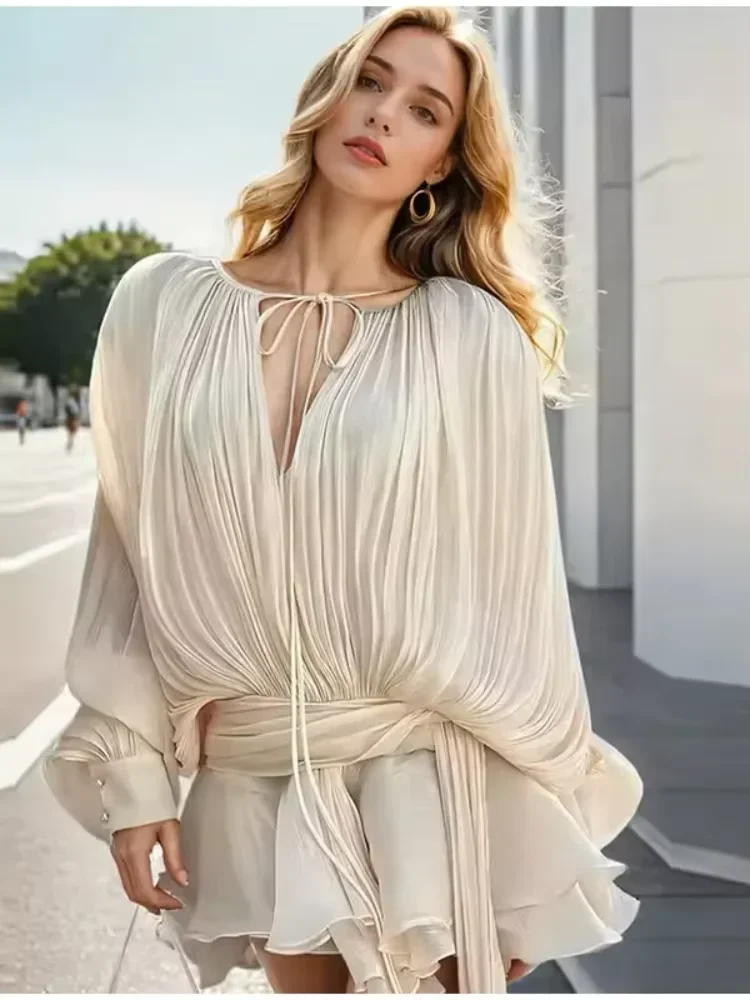 Elegant Ruched Mini Dress For Women Round Neck Lantern Long Sleeve High Waist Temperament Dresses Female Fashion 2025 CLOTHING image 6