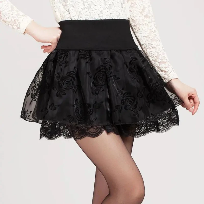 Y2K Women Black Skirt Korean Elegant Lace Patchwork High Waist Tulle Female Mini Skirt Summer Fashion All Match Ladies Ball Gown