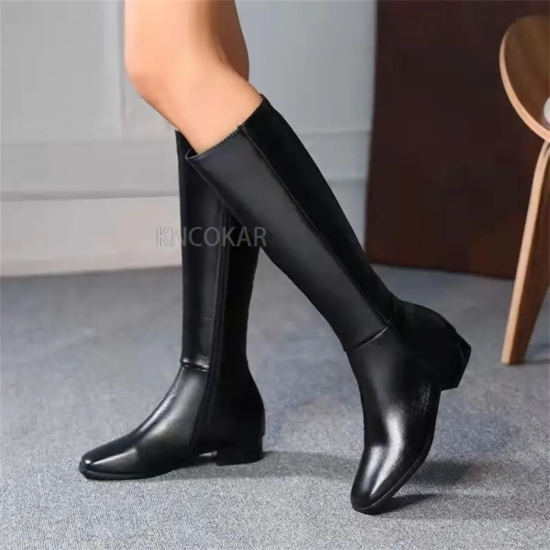 Women's Square Head High Tube Boots 2021 Autumn Winter New Fashion White Simple And Versatile Square Root Side Zipper Boots