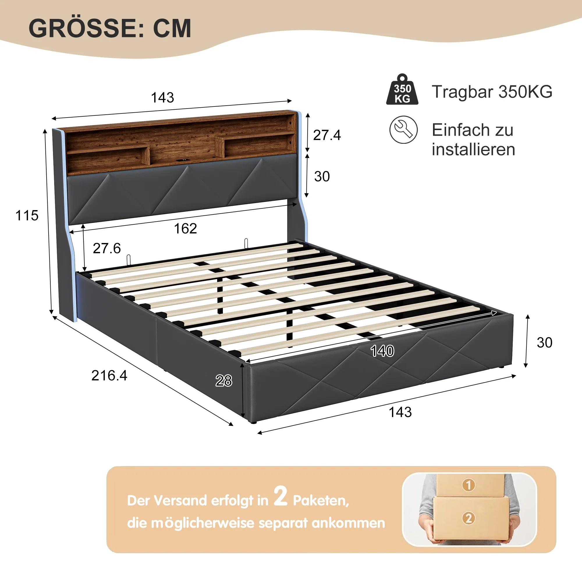 Comanlai Gepolstertes Doppelbett mit LED und USB, Jugendbett mit 4 Schubladen, Funktionaler Bettrahmen mit Stauraum im Kopfteil, Leinen – Detail 1