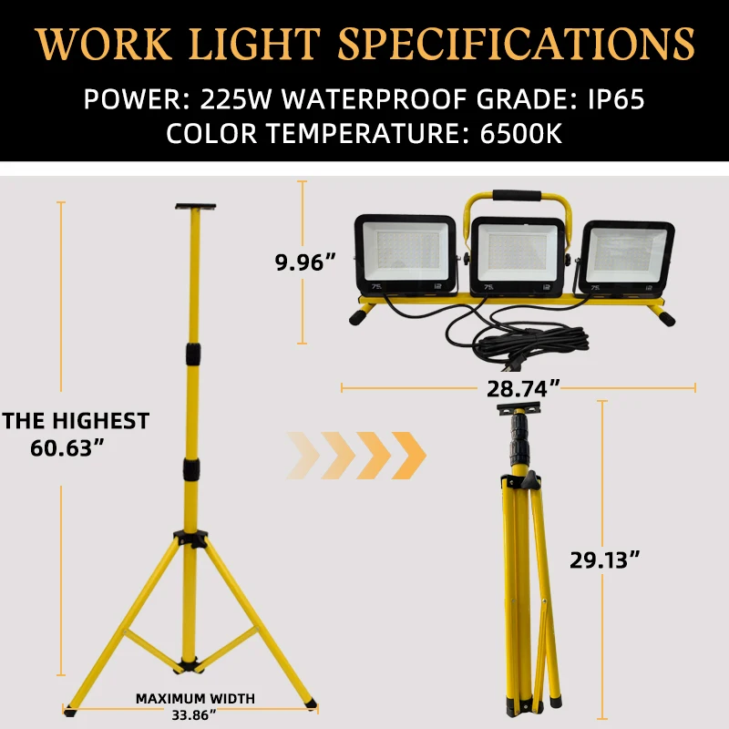 ChangLang lampu sorot LED 3X75W 6500K, lampu kerja led dengan 2m dapat disesuaikan, Tripod berdiri dalam dan luar ruangan IP65