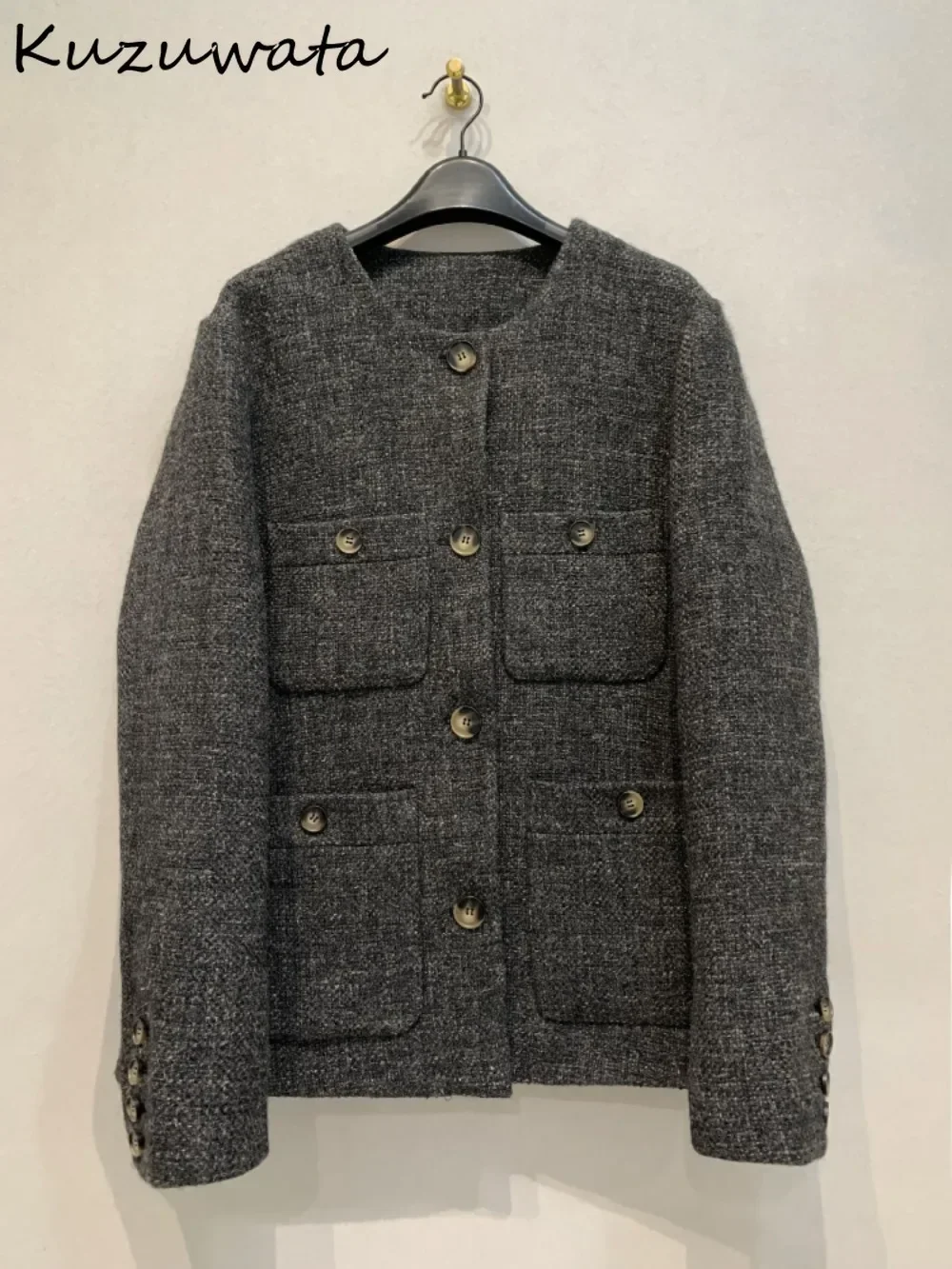 Kuzuwata New Moda Simple French Style Coat Casual Loose Tweed Slim Small Fragrance Jacket Japan Vintage Single Breasted Outwears