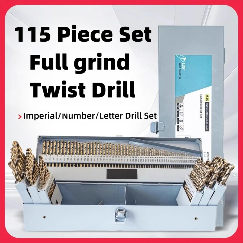 

TG 115PCS Cobalt Drill Bit Set M35 HSS for Hardened Steel Fractional 1/16"-1/2" Letter A-Z Wire #1-#60 with Indexed Metal Case