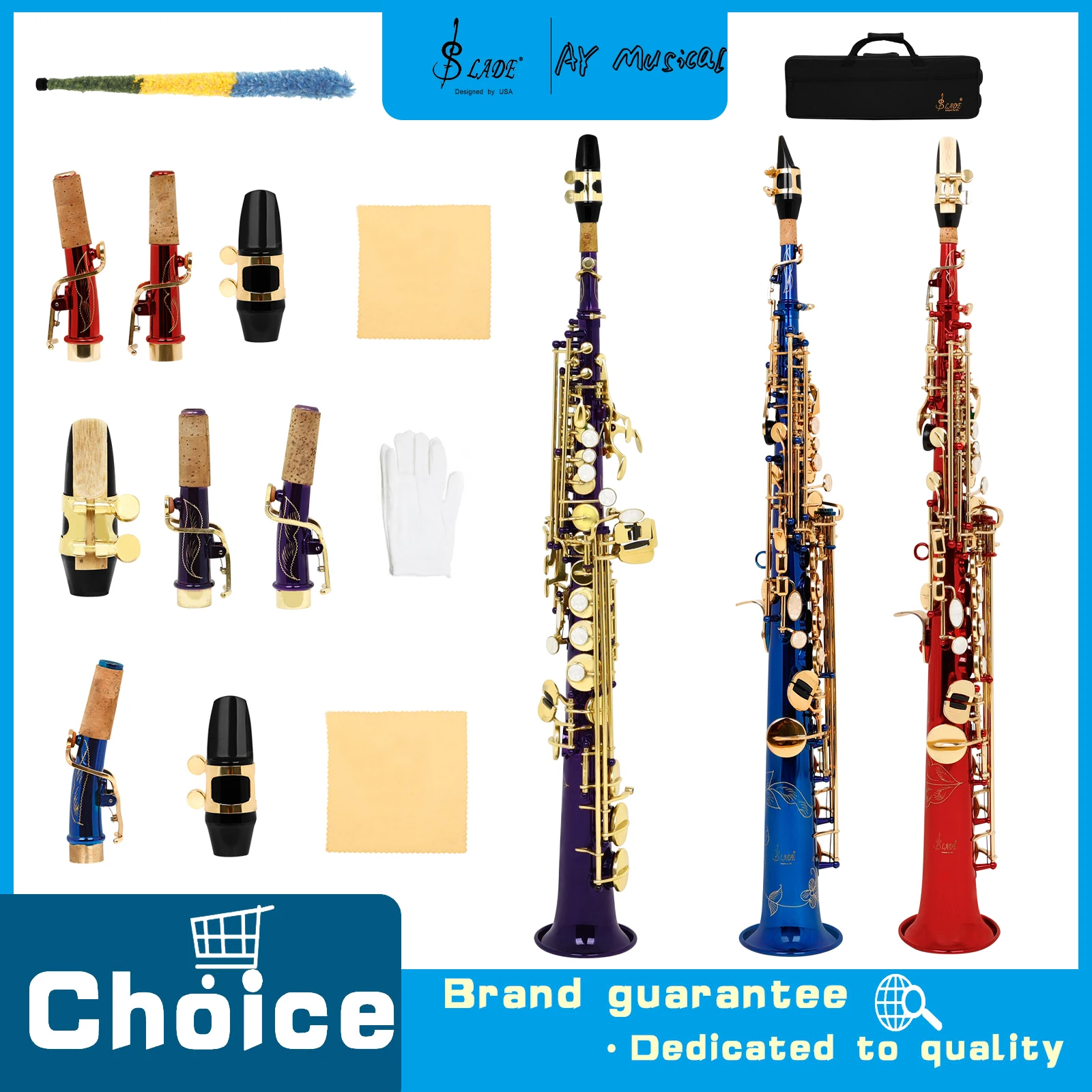 SLADE Bb Straight Soprano Saxophone White Shell Keys Complete Standard Accessories Saxophone Woodwind Instrument for Sax Lovers