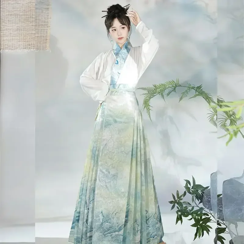 Vestido Hanfu Chinês Tradicional Feminino, Estampado Guindaste, Saia Rosto de Cavalo, Vestidos de Festa Diários, Moda Original, 2023