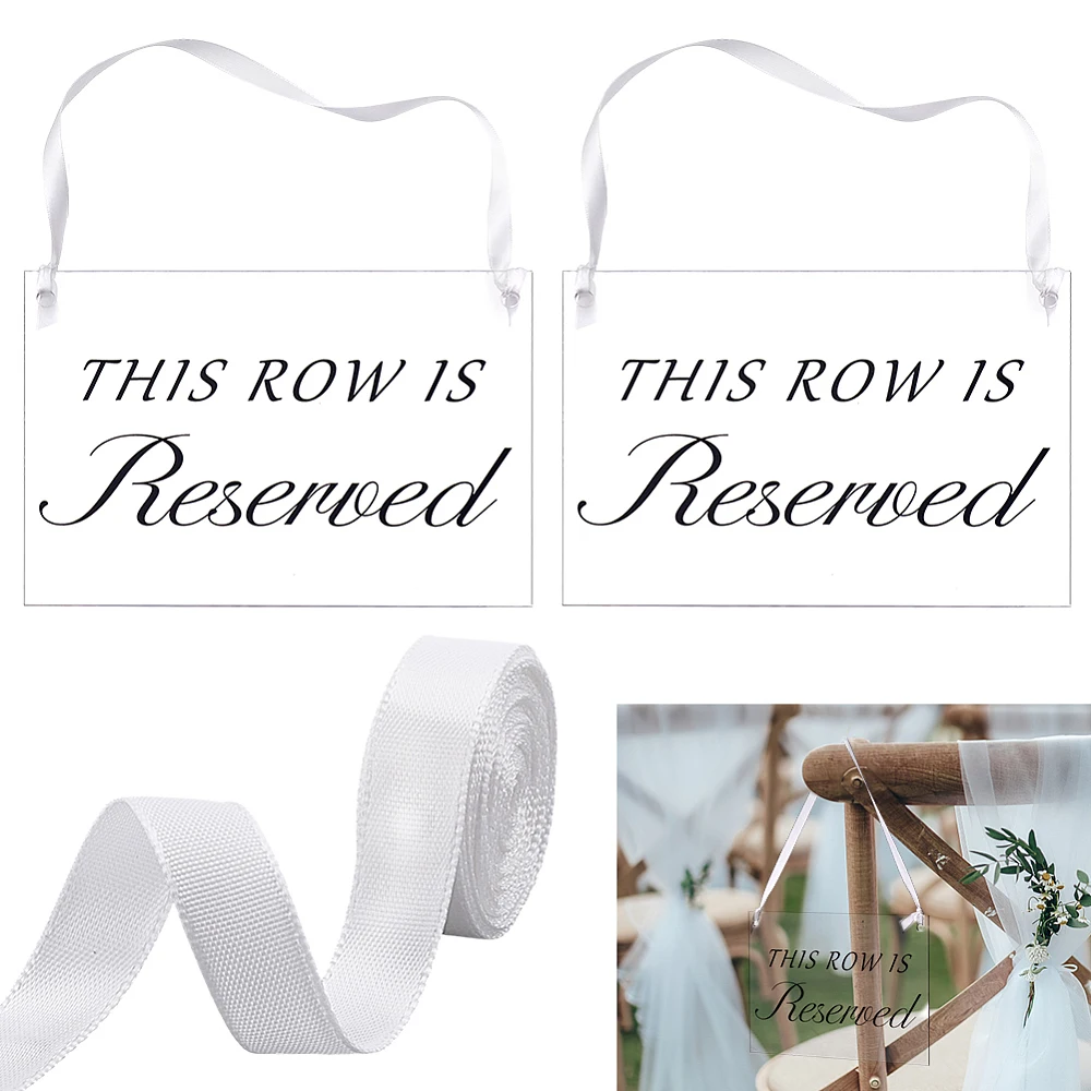 2Pcs Reserved Row Signs for Wedding Acrylic Tag Hanging with White Ribbon Wedding Ceremony Seating Marker Reserved Signs