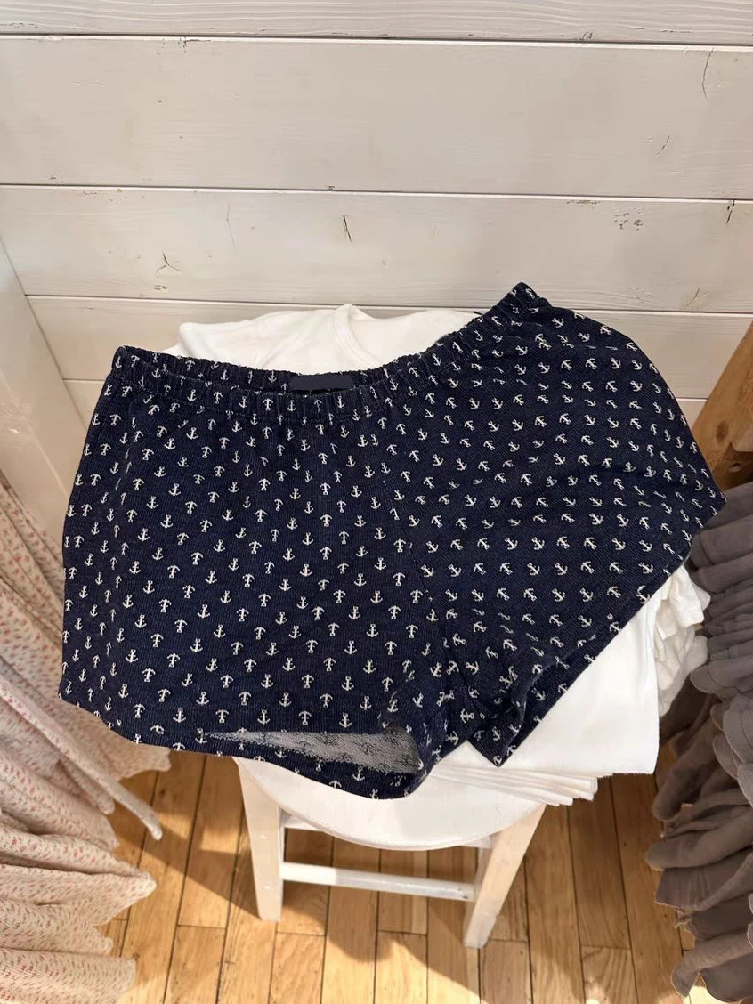 Pantaloncini dritti con stampa geometrica Donna Estate Nuovi pantaloncini sportivi elastici a vita alta blu scuro Pantaloni corti da casa in cotone vintage casual Y2k