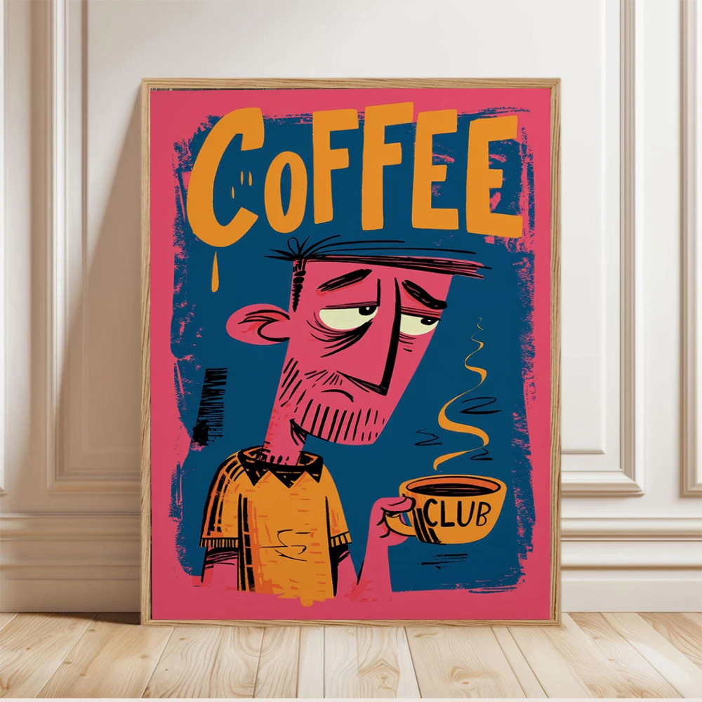 Vintage 1960s Coffee Club Poster Naive Freehand Line Art Prints Canvas Painting Kitchen Wall Art Pictures Home Room Decoration