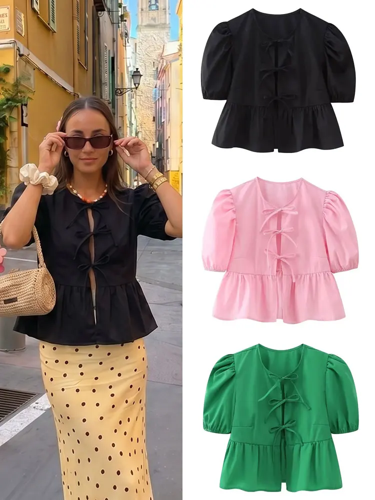 

Elegant Women Solid Short Puff Sleeve Bow Blouse Casual Fashion Weekend Shirt High Street Shirt Party Beach Slim Tops
