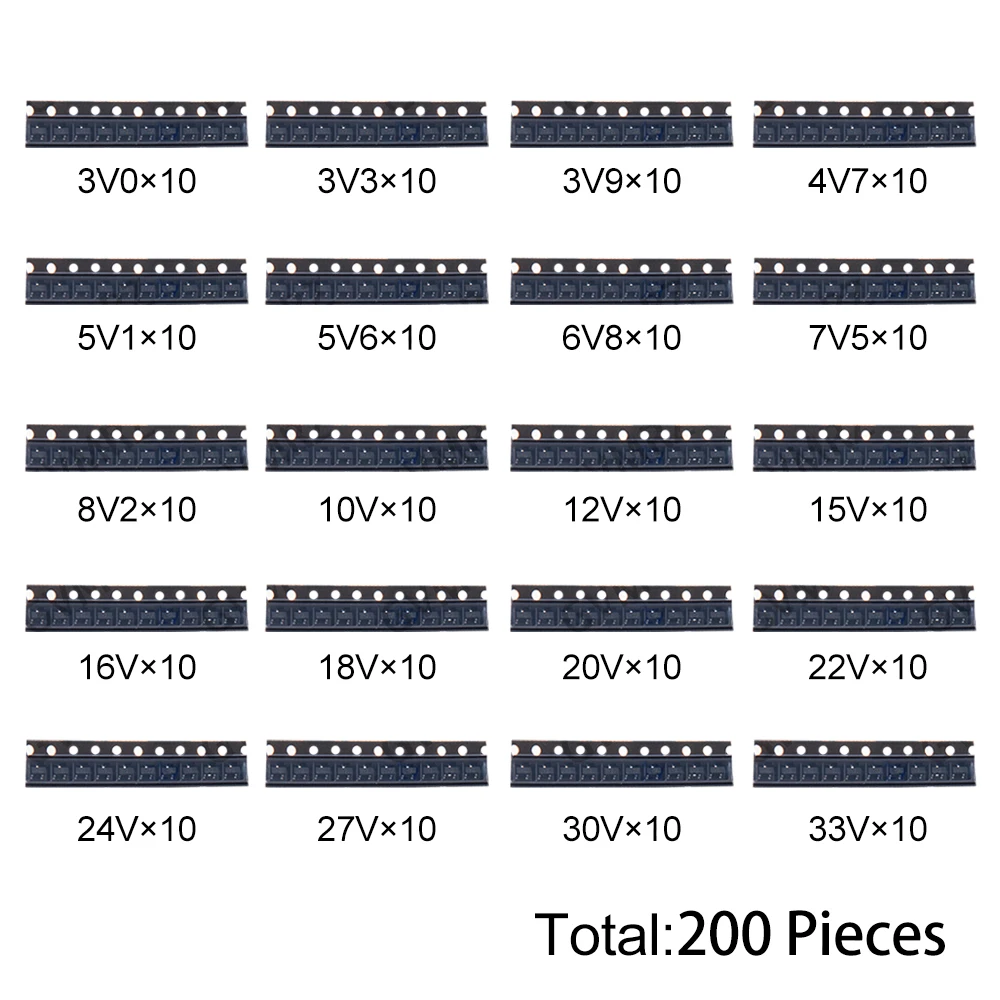 200PCS 3V0 20Values SMD Regulator Transistor Kit SOT23 (3V-33V) for Arduino DIY Electronic Voltage Regulation Project 3V9 4V7