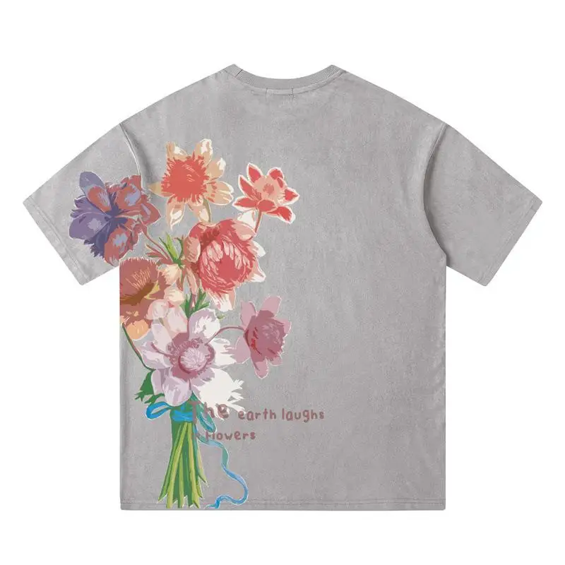 

Alphabet Floral Print Unisex Tshirts Short Sleeve Crew Neck American Style Top for Men And Women