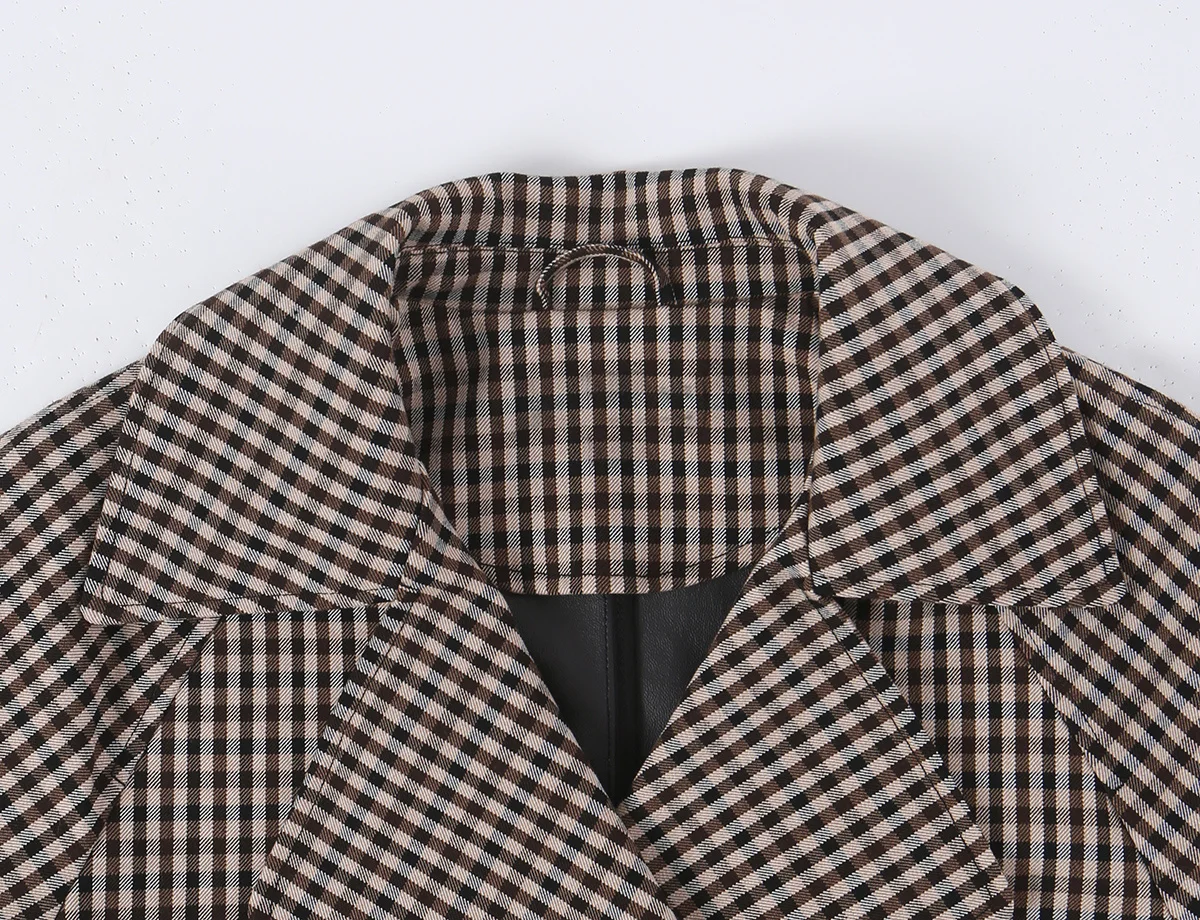 TFMLN Damen-Trenchcoat im Karomuster, Jacke mit Kordelzug zur Taillenbetonung, Umlegekragen, lockerer Schnitt, lange Ärmel, Knopfleiste, modische Oberbekleidung. – Detail 4