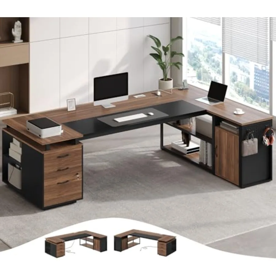 

78" Executive Desk with Lockable File Cabinet, L Shaped Office Desk with Power Outlets, Large Executive Desk with Drawers