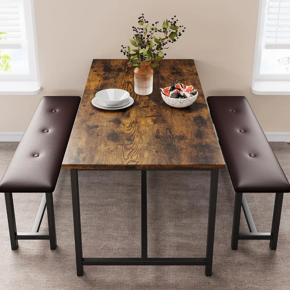 Kitchen Table with Benches, Dining Table Set for 4, Rectangular Dining Room Table Set with 2 Upholstered Benches, 3 Piece Kitche