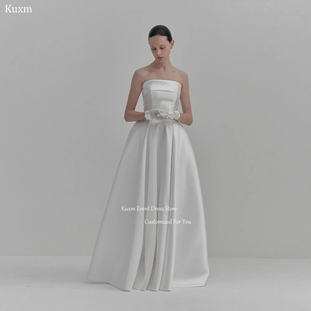 Kuxm White Strapless A Line Korea Wedding Dress Sleeveless Satin Bridal Gown Photo Shoot Floor Length Robe De Mariée Customized