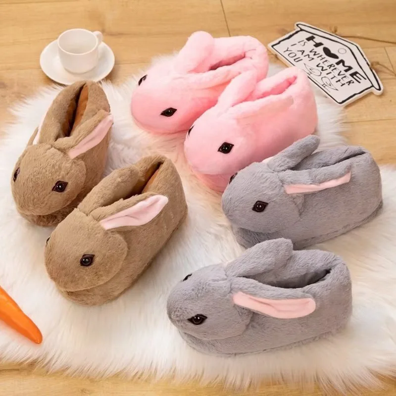 Winter Cute Pink Rabbit Gray Bunny Lifelike Cotton Anime Slippers Warm Non-slip Women Girls Cartoon Plush Indoor Slippers