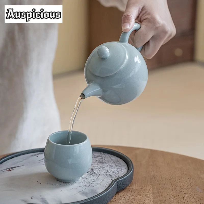 300ml Azure Ru Kiln Porcelain Teapot Antique Xishi Lifting Beam Pot Tea Brewing Kettle with Filter Tea Item Accessories Ornament