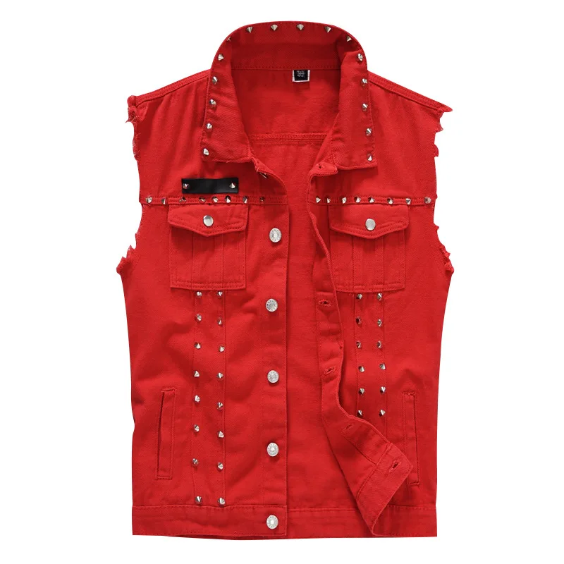 Chalecos de mezclilla para hombre, chaqueta con remaches empalmados, abrigos sin mangas con cuello vuelto, chaquetas ajustadas con botones y bolsillo de empalme Regular informal