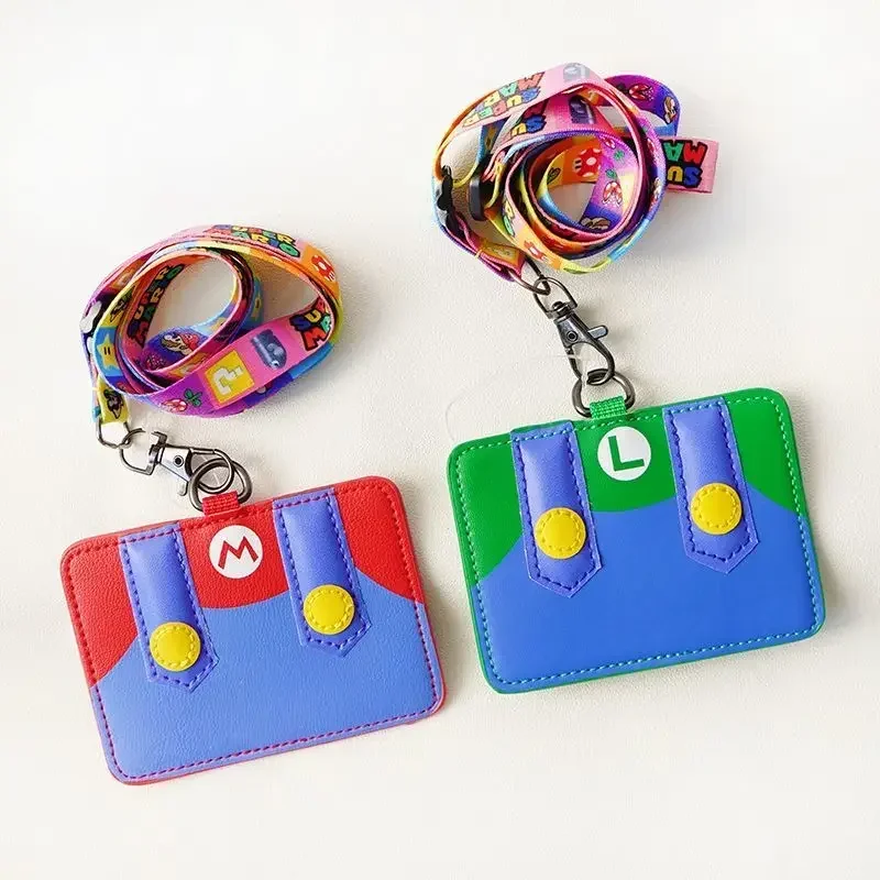 Super Marios Bros Card Holder PU Leather Lanyard Anime License Students Bus Campus Meal Credit ID Case Kids Creative Card Cover