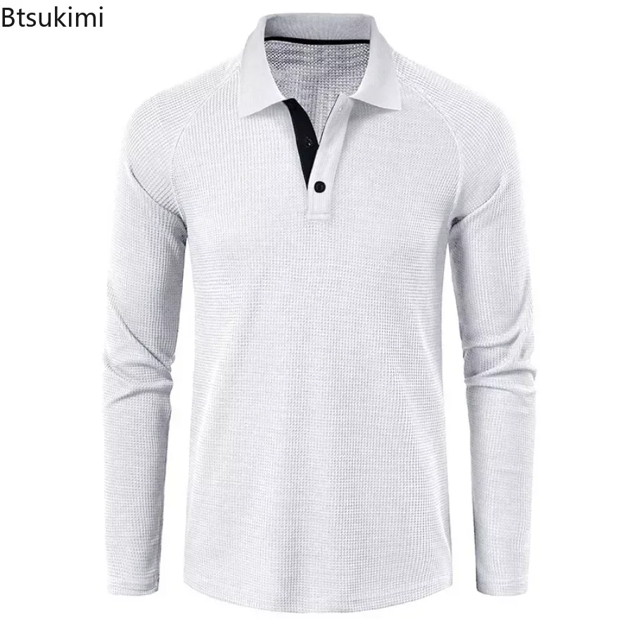 Polo de manga larga para hombre, camisetas informales de gofres, camisetas formales de Golf de negocios, Tops transpirables, camisetas versátiles sólidas para hombre, 2024