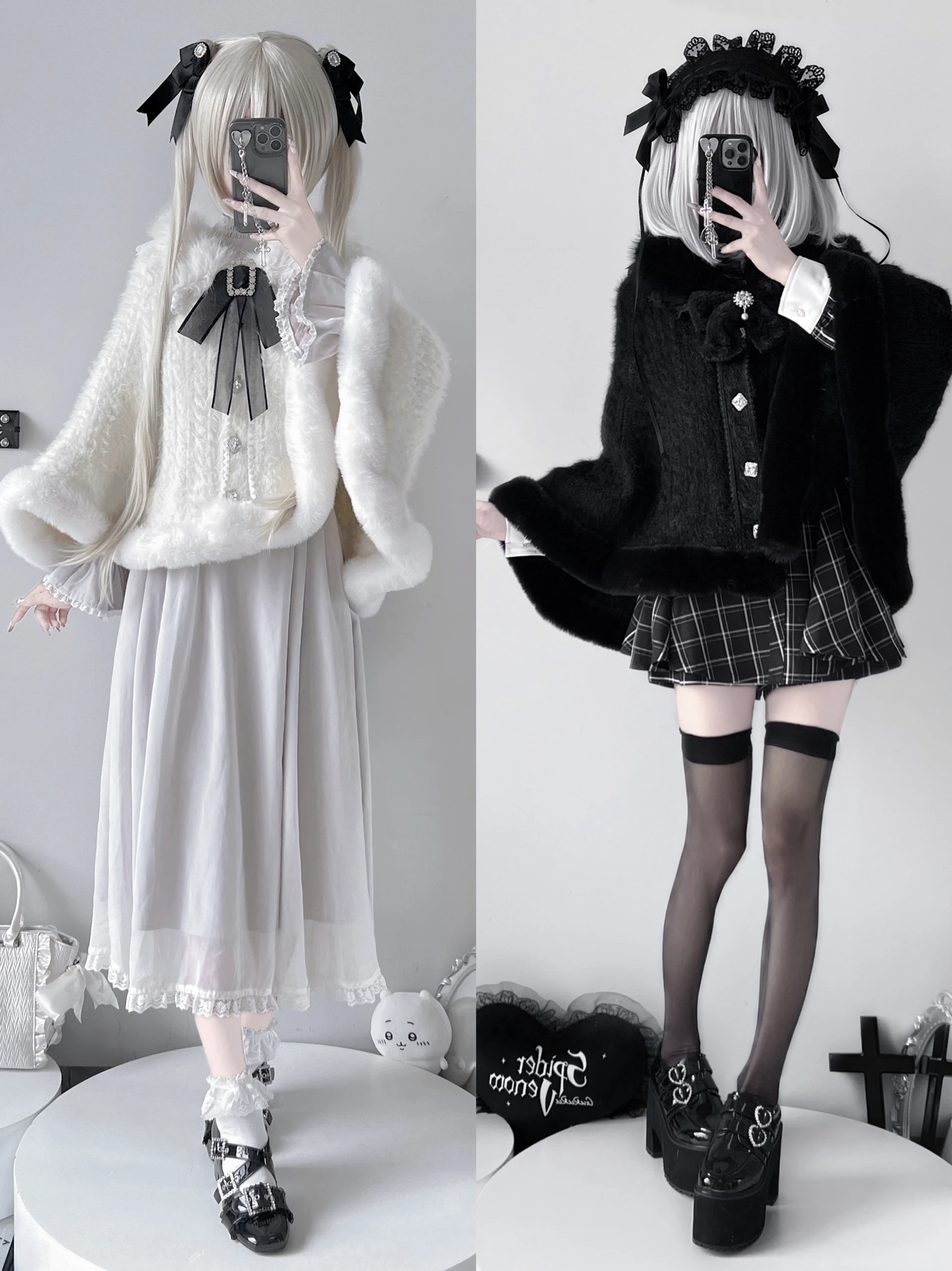 Japonais doux soeur hiver chérie pull Cape femme Production de masse Mine cravate douce Lolita arc strass Cape pour les femmes