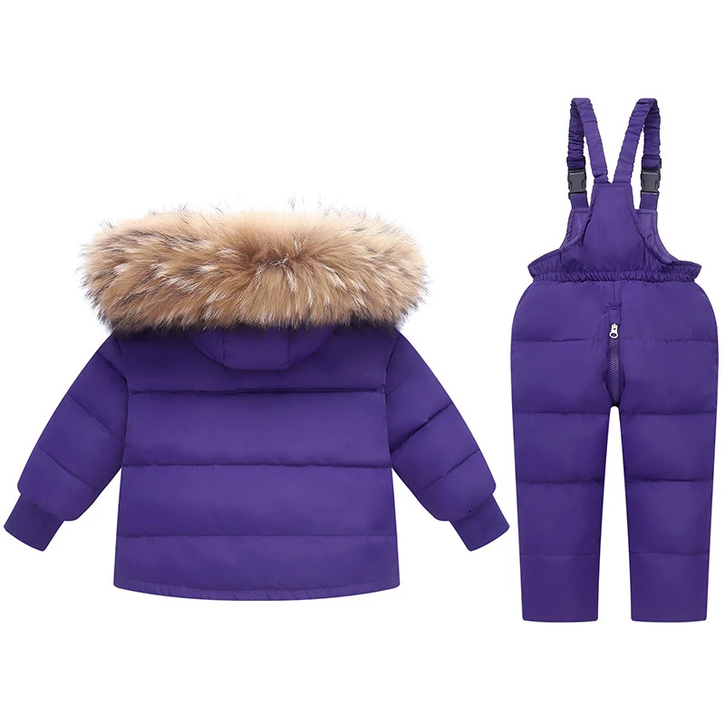 2024 Winter Children Girl 2PCS Clothes Set Hooded Real Fur Down Jacket For Boy 1-5 Years Kids Overalls Toddler Baby Girl Outfit