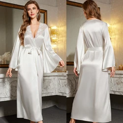 White Lace Bride Wedding Robe Dressing Gown Loungewear Sexy Women Long Bathrobe Elegant Silky Satin Nightdress Homewear