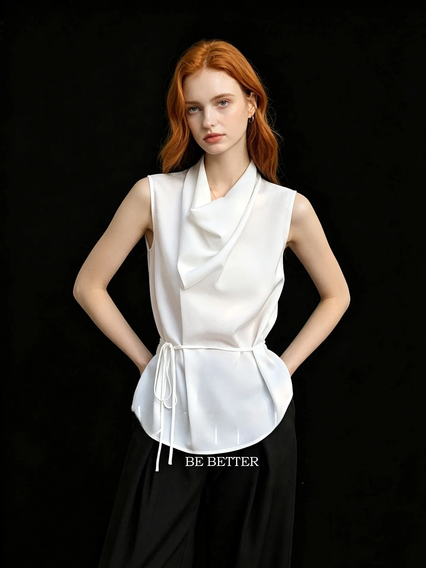 Huaappuw Summer New Loose Sleeveless Pleated T-shirt Women's High Intelligence Style Drapey Top French Style Universal Fit
