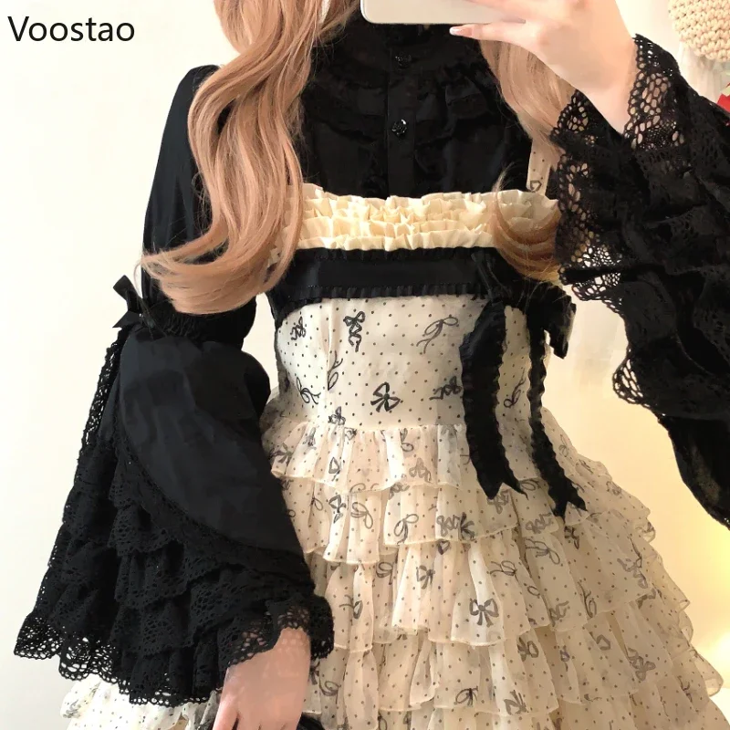 Victorian Elegant Lolita Shirts Women Harajuku Gothic Y2k Lace Ruffle Flare Sleeve Cotton Blouse Female Vintage Blusas Mujer Top