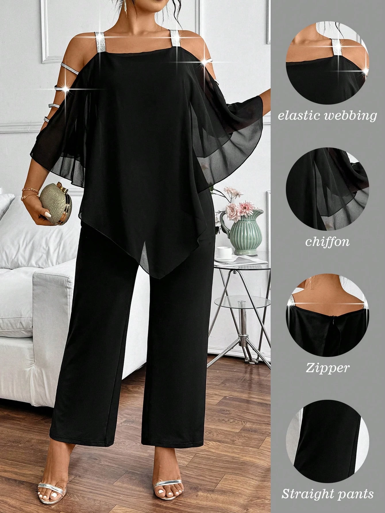 Übergroßer Jumpsuit für Damen mit Strass, Offenem Schulterbereich, Chiffon-Flügelärmeln und Weitem Bein, Elegante Party- und Abendgarderobe – Detail 1