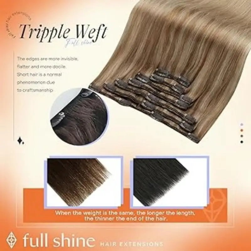 Full Shine Clip in Hair Extensions Human Hair Balayage Color 10 Golden Brown Fading to 16 Golden Blonde Highlight Weft hair