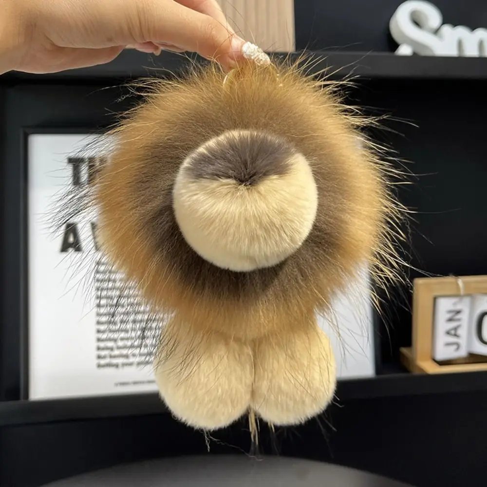Cute Small Lion Pendant Keychain Cute Cartoon Real Rex Rabbit Fur Bag Purse Ornaments Car Key Ring Fur Strap Kids Plush Toy Gift