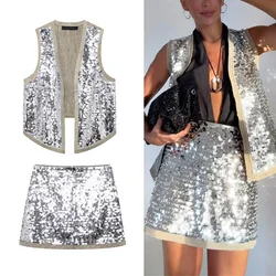 TRAF Skirt Sets For Women 2 Pieces 2024 Summer Ladies Fashion Elegant Sleeveless Tank Vest Top Mini Skirt Sequined Skirt Sets