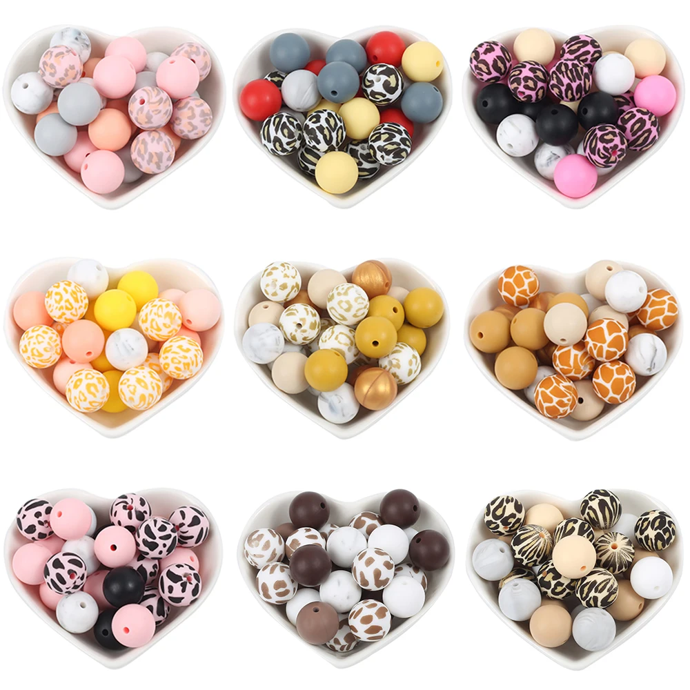 

15mm 30Pcs Silicone Beads Round Print Food Grade Teething Beads for Baby Toy Soft Chew Teething DIY Pacifier Clips Necklace