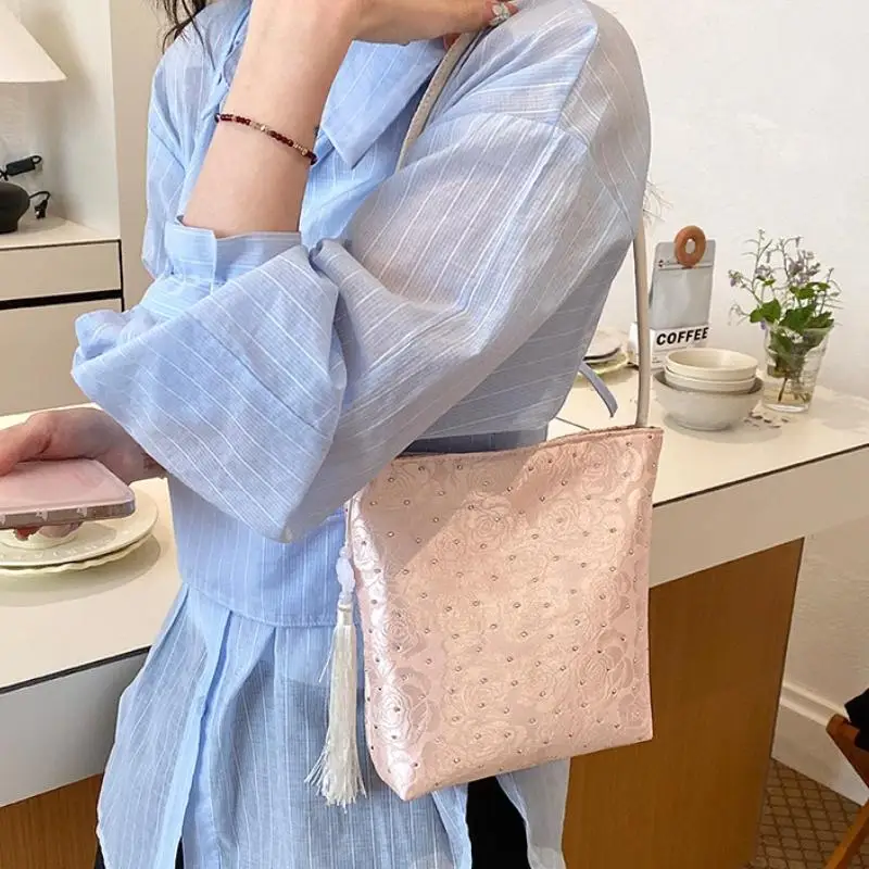 Elegant White Beige Black Satin Shoulder Bag Rose Embossed Rhinestone Tassel For Daily Shopping Date