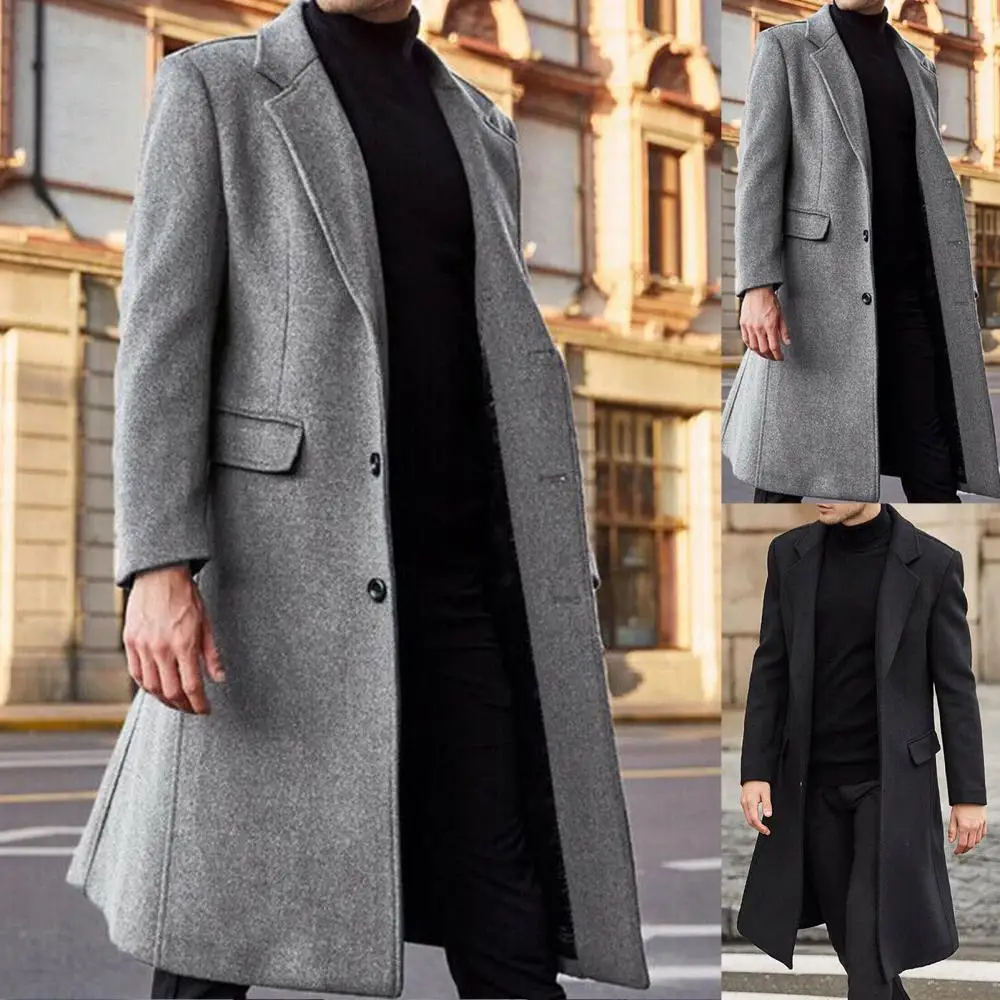 

Autumn Winter Men's Woolen Coat Solid Color Long Sleeve Buttons Jacket Lapel Collar Mid-length Trench Coat Jacket Male Overcoat