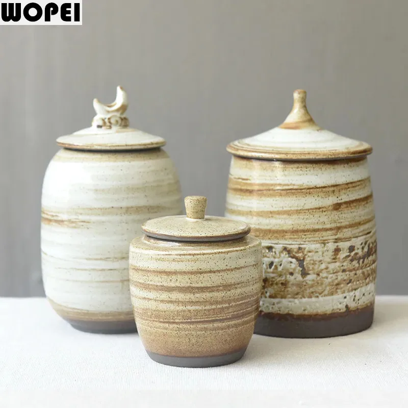 Vintage Tea Jar Sealed Jar Storage Tank Ceramic Tea Caddy Dry Goods Storage Box Moisture Proof Teas Box Storages Bottle
