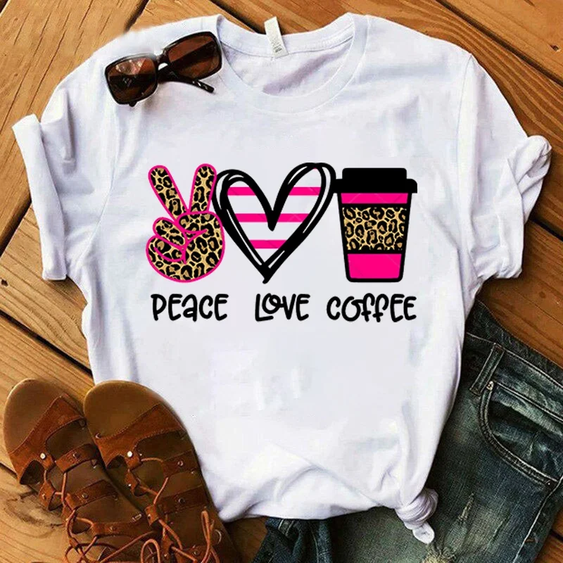 

Funny Peace Love Coffee Print T-shirts For Women Summer Round Neck Tee Shirt Femme Fashion Casual T-shirts