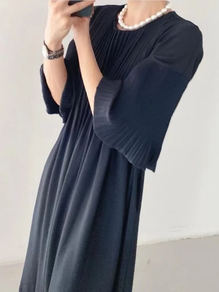 French Style Lantern Sleeve Pleated Dress Women O Neck Loose Vintage Elegant Simple Vestidos Autumn 2024 New Office Lady Robe