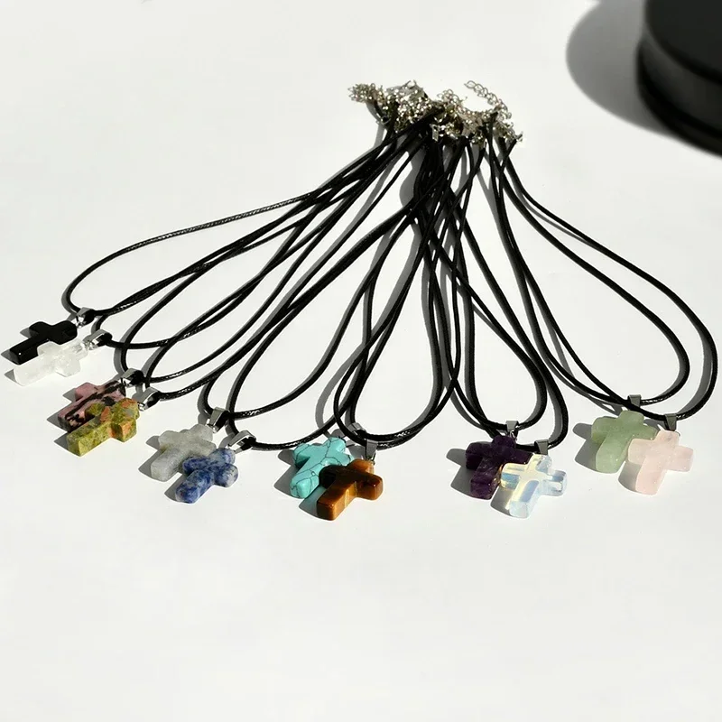 فاسق الصخرة الملونة الحجر الطبيعي الصليب قلادة قلادة للرجال النساء كول الهيب هوب الشارع خمر Y2K الجرونج القوطي مجوهرات هدية #3